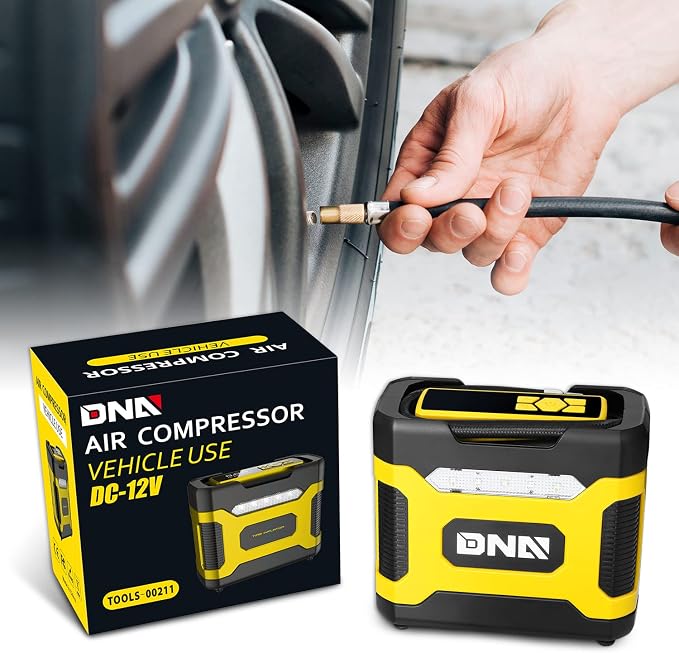 DNA MOTORING TOOLS-00211 Yellow 12V DC Digital Tire Inflator Portable Air Compressor with Pressure Gauge for Cars, Bicycles, Motorcycles,Balls