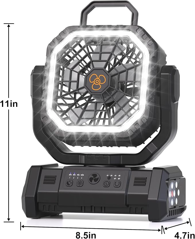 Portable Fan Rechargeable, 20000mAh Cordless Battery Powered Camping Fan with LED Light & Remote, 4 Speeds Wind, Timer, USB C, Hanging Hook, Oscillating Fans for Travel Tent, Camping Essentials