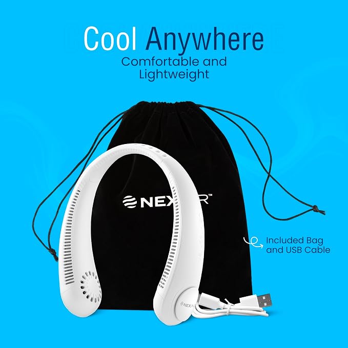 NEXAIR Portable Neck Fan Hands Free Cooling Lightweight Bladeless Neck Fan, 3 Speeds, 2400mAh Battery, 5H Runtime White | 3 Speeds, 2400mAh Battery, 5H Runtime, Lightweight Cooling
