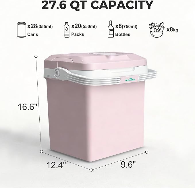 Iceblue Electric Cooler, 26 Liters/28 Cans Mini Fridge with Automatic Locking Handle, 120V AC Home Power Cord & 12V Car Adapter Car Refrigerator, Car Fridge for Home, Car, Gift - Pink