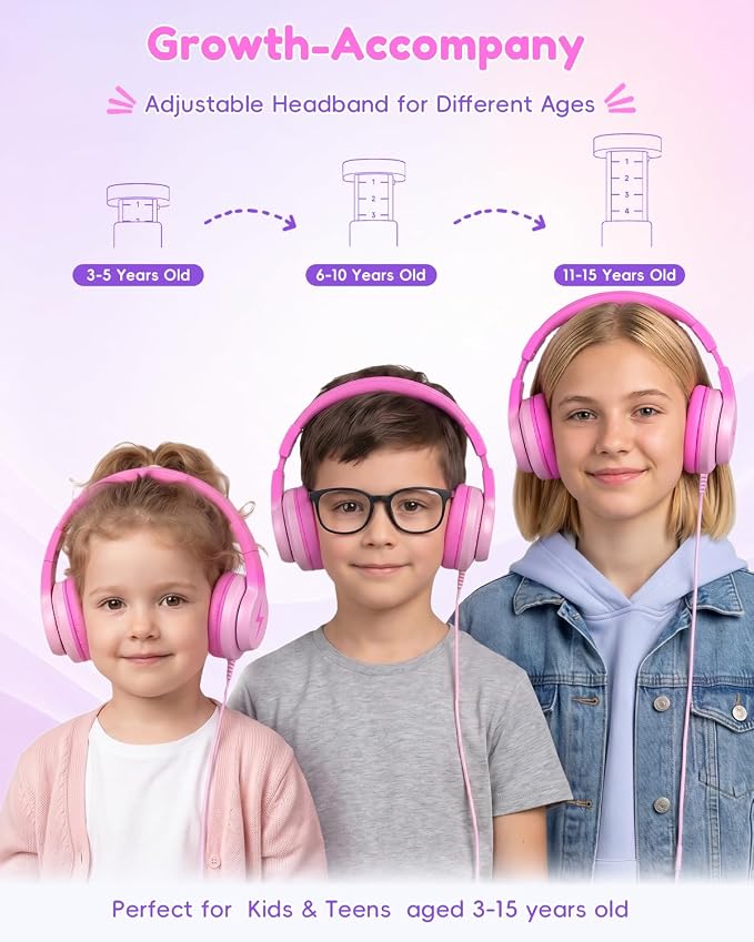 Candy Bila Wired USB C Kids Headphones, 85dB Safe Volume, HD Stereo Sound, Adjustable Headband, Foldable Over-Ear Design for School/Travel/Boys/Girls/iPad/Tablet (Gradient Rose Pink)