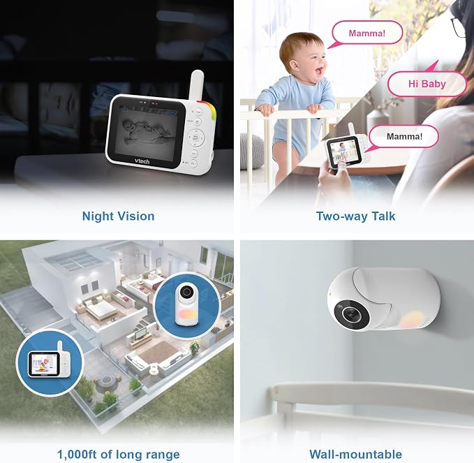 VTech Video Baby Monitor with Camera and Audio, 3.5" LCD Screen, Pan-Tilt-Zoom, 2-Way Talk, VOX Mode, Night Light, Lullabies, Soothing Sounds, Temperature Sensor, Long Range, No WiFi: VM4263 (White)