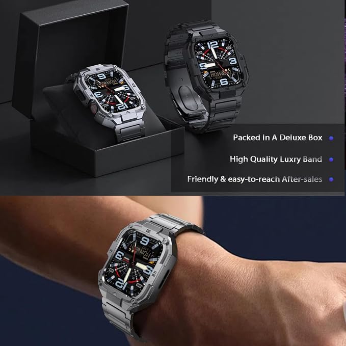 Casual Stainless Steel Band/Case Compatiable for 45mm Apple Watch Band for Men, Rorust Metal Apple Watch Bumper Case Cover with Solid Replacement Strap for iWatch Band Series 9 8 7,Black