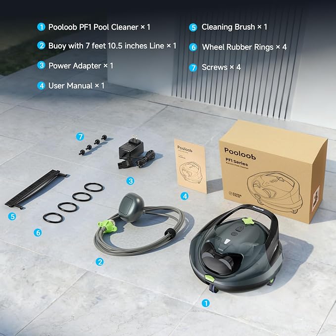 Pooloob PF1 Cordless Pool Vacuum Cleaner Robot for Daily Pool Maintenance, Floor Only Cleaning for Above/In Ground Pools, Triple Filtration, Floating Buoy & Tether, Not for Initial or Deep Cleaning