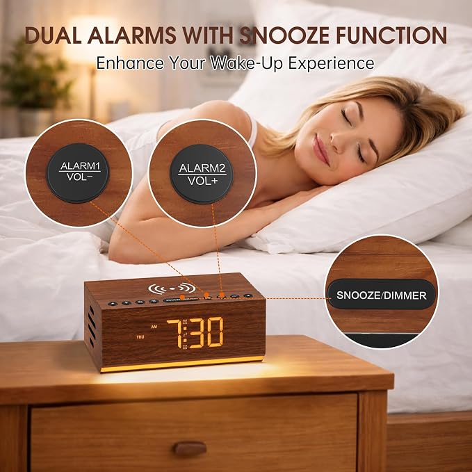 Hoifen Wooden Digital Alarm Clock with Bluetooth Speaker, Wireless Charging, FM Radio, Night Light, Auto Time Sync, Dual Alarms, USB Port, 9-Min Snooze for Bedroom, Desk, Bedside Clock Home Decor Gift