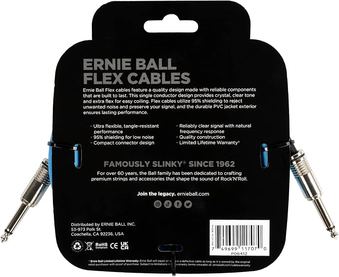 Ernie Ball Flex Instrument Cable Straight/Straight 10ft - Blue