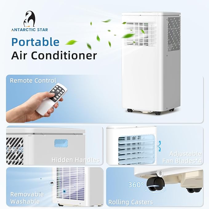 Antarctic Star 8000 BTU Portable Air Conditioner, 4-in-1 Portable AC Unit with Cooling, Dehumidifier & Fan, 24H Timer, Sleep Mode, Remote Control, Easy Install AC for Bedroom, Office, Small Room