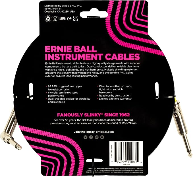 Ernie Ball Instrument Cable, Straight/Straight, 15ft, White