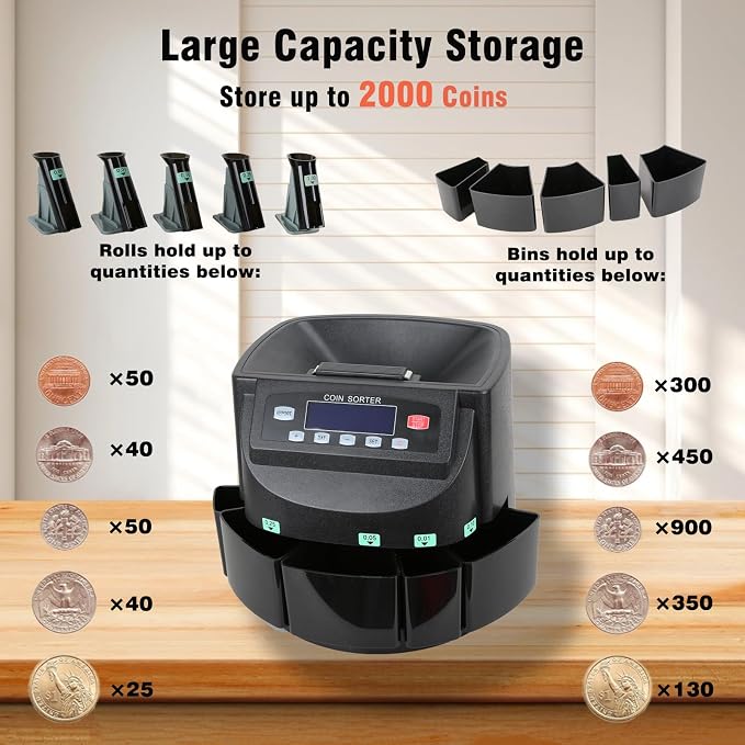 T9500A Professional USD Coin Counter, Sorter, Coin Counting Machine, Automatically Sorts and Counts Coin Batches, 270 Coins/min