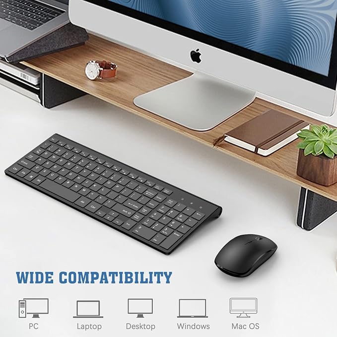 Rechargeable Wireless Keyboard and Mouse Combo- J JOYACCESS 2.4G Compact Quiet Slim Wireless Keyboard Mouse Combo for Laptop,PC,Desktop,Computer,Windows- Black