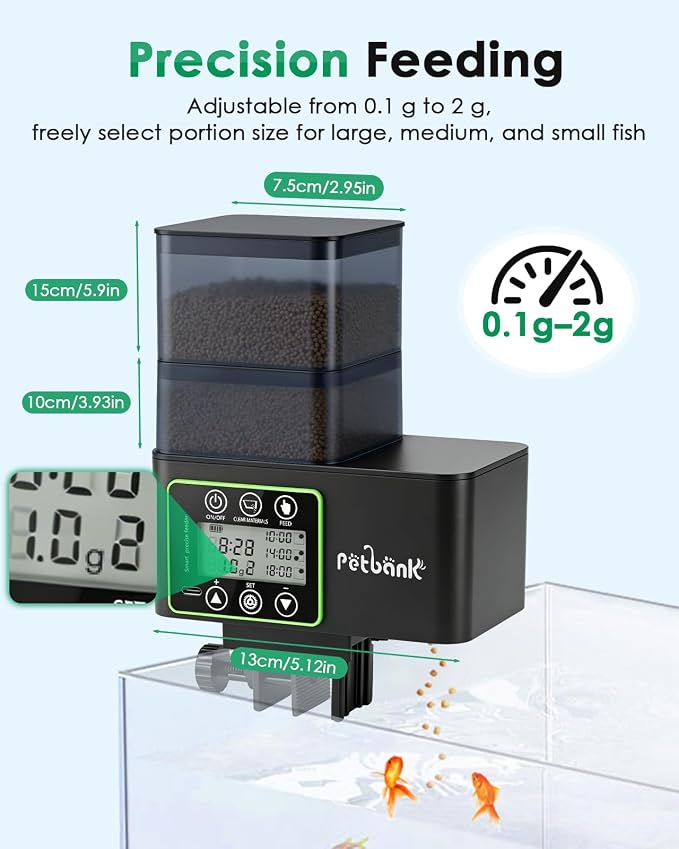 Automatic Fish Feeder for Aquarium - 230/510ml Timer Fish Feeder Dispenser with 0.1-2g Precision Feeding, Moisture-Proof Auto Fish Feeder with Feed Cleaning & Shortage Alert, USB Rechargeable
