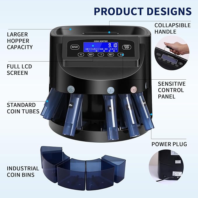 Coin Counter and USD Coin Sorter with LCD Display, Automatic Change Counter for 1¢ 5¢ 10¢ 25¢ $1, 270 Coins/min, 300-Coin Capacity, Coin Sorter and Wrapper Machine for Fast & Accurate Sorting