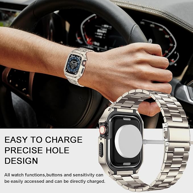 BAITEYOU Stainless Steel Watch Band with Case Compatible with Apple Watch Series 11 10 46mm, Rugged Strap with Metal Protective Bumper Cover for iWatch Bands Men (Titanium Color)