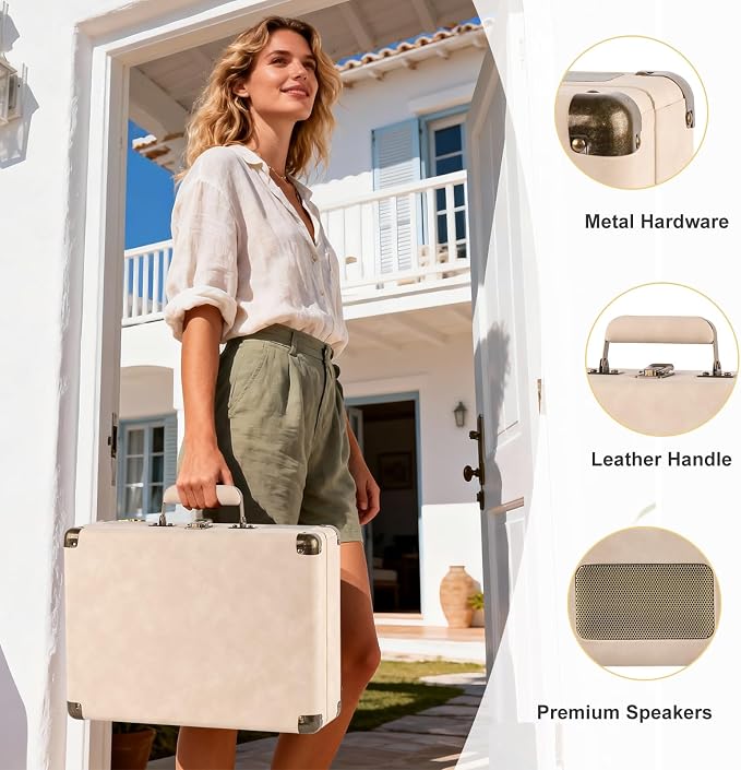 Portable Bluetooth Record Player with USB Playback Rechargeable Battery and Built in Speakers 3 Speed Turntable in Retro Suitcase Design for Home Bedroom or Outdoor Use