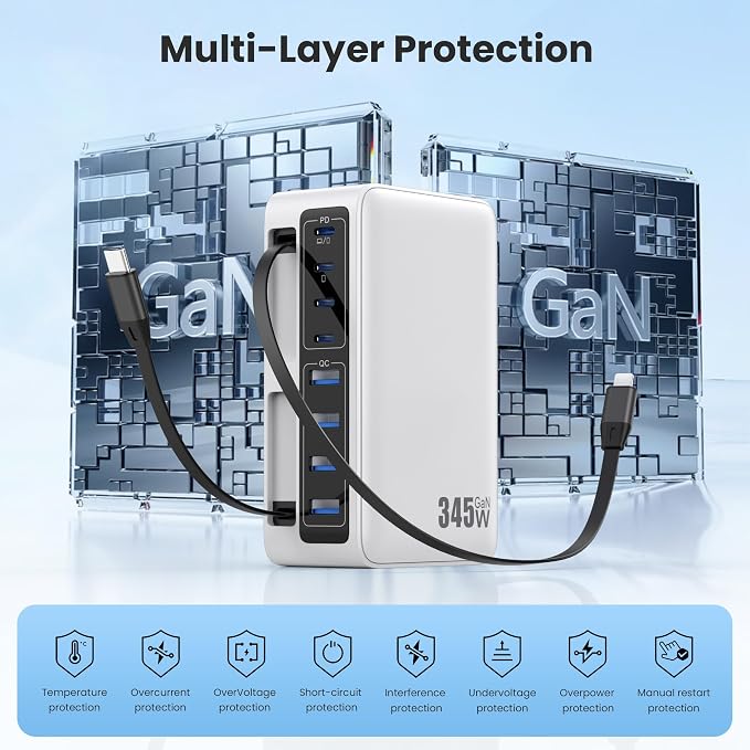 345W USB C Charger 10 in 1 Retractable Wall Charger with 2 Cables,GaN 6 USB C Charging Station Phone Charging PD Laptop Charger Adapter for MacBook Pro/Air,DELL,iPhone17/16/15,Galaxy S24,Android etc
