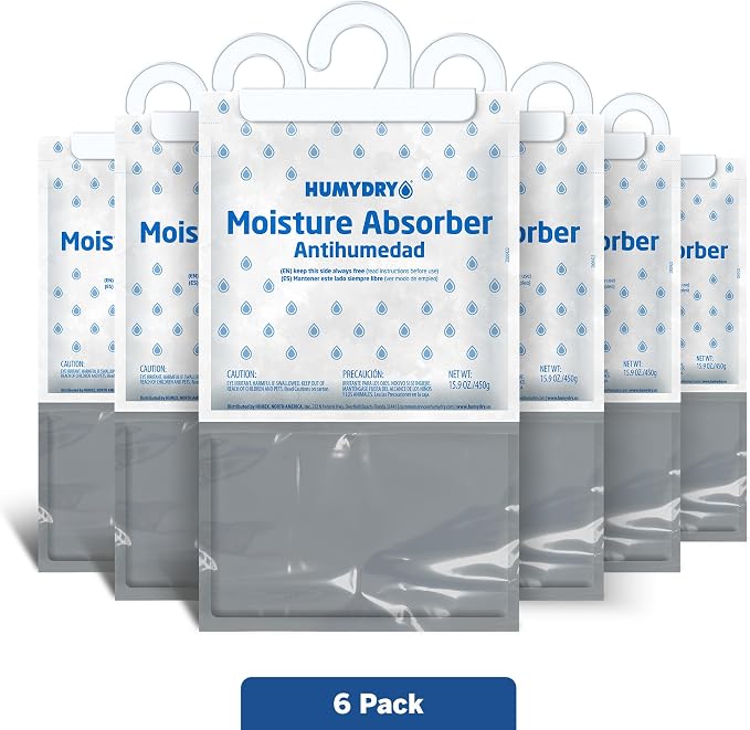 HUMYDRY Hanging Moisture Absorber for Closets, Pack of 6 Unscented 15.9 Oz Dehumidifier Bags, Each Bag Lasts 3 Months, Fights Summer Humidity, Non Electric for Wardrobes & Storage