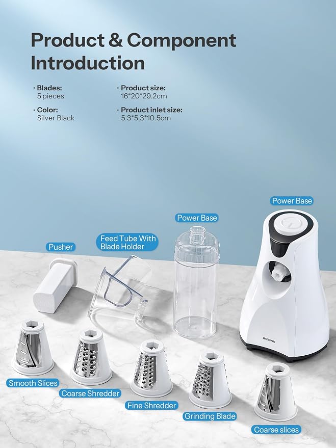 Electric Cheese Grater, Reemix 5 Multi Blade Cheese Shredder Salad Maker, One Touch Easy Control, Multi Salad Maker for Vegetables, Cheeses and Nuts, White