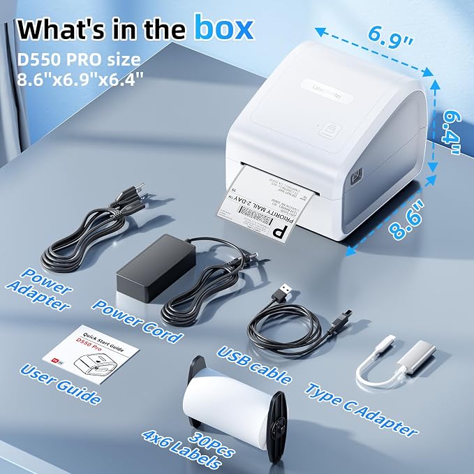Bluetooth Thermal Label Printer 4x6, Wireless Thermal Labels Printers for Small Business, D550 Pro White Ethernet Shipping Label Printer, Support Bluetooth/Ethernet/USB