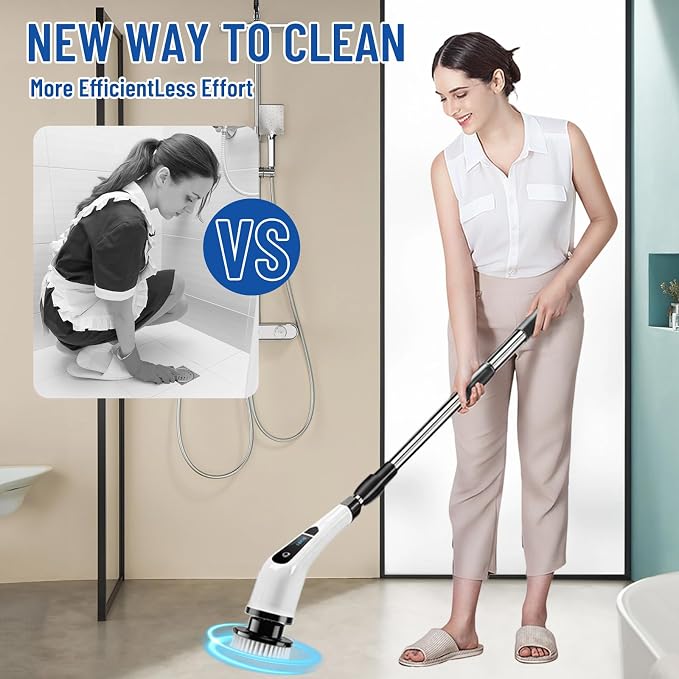 Electric Spin Scrubber, Cordless Cleaning Brush Scrubber with 12 Replaceable Brush Heads, 360 Power Scrubber Dual Speed with Adjustable & Detachable Handle for Bathroom Kitchen Car (White)