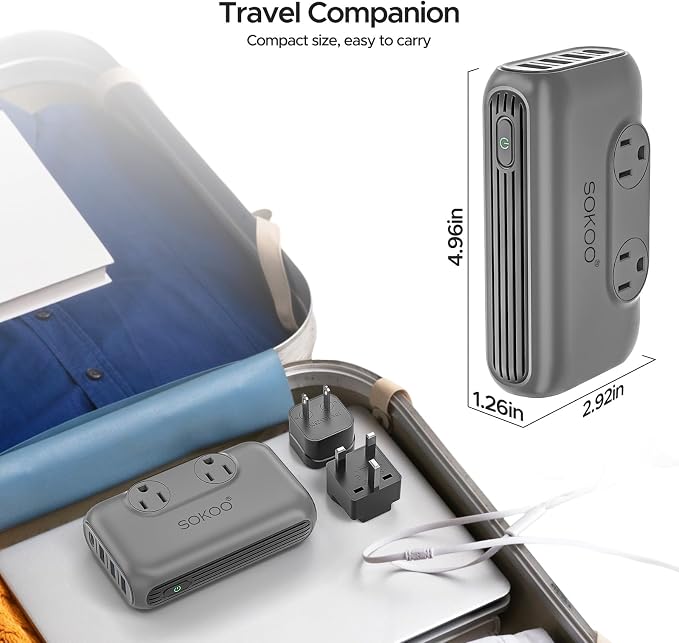 SOKOO 220v to 110v Voltage Converter, International Universal Travel Adapter, 4 USB Ports (1 USB C) Step Down Power Converter Adapter Combo with UK/AU/US/EU Plug Adapter