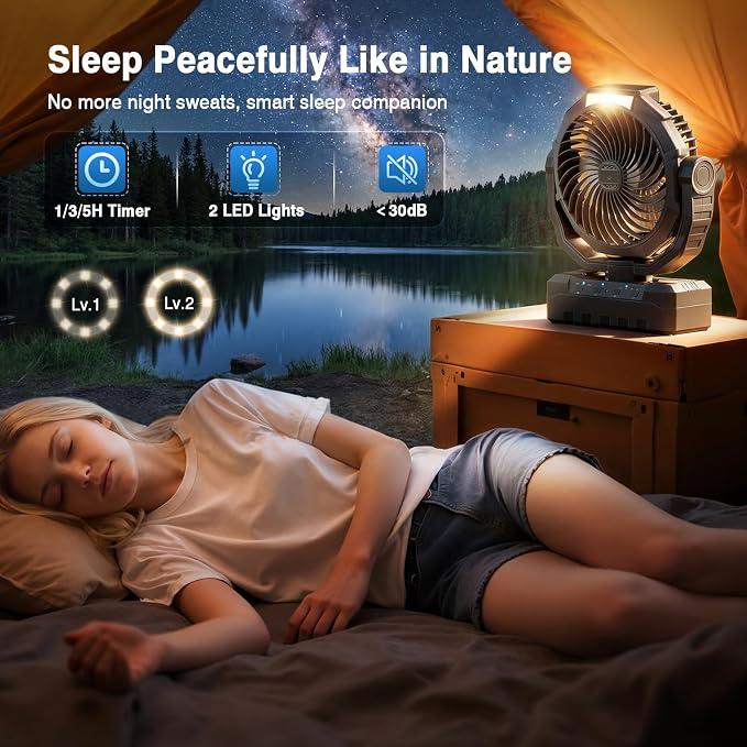 Rechargeable Camping Fan - Portable Battery Powered Fan with Timer & Hook, 150H Working, Ventilador Recargable for Tent, Travel, Gifts for Men Dad