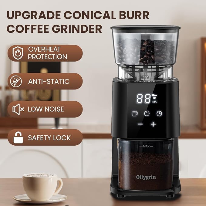 Ollygrin Conical Burr Coffee Grinder Electric, Coffee Grinder with 30 Grind Levels, Coffee Beans Grinder for Home Use, Touchscreen Burr Mill Grinder for Espresso, Drip, French Press, black