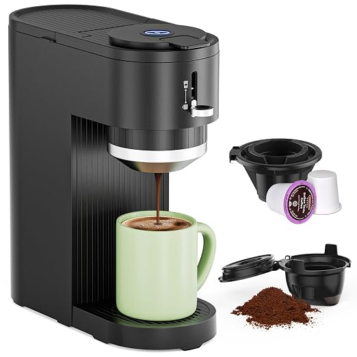 COWSAR Single Serve Coffee Maker, Two Holders for Capsule & Ground, Adjustable Funnel Height, Brew 6oz to 14oz, One-Touch Switch, Security protection, Easy to Clean, Commercial Ideal for Home/Office