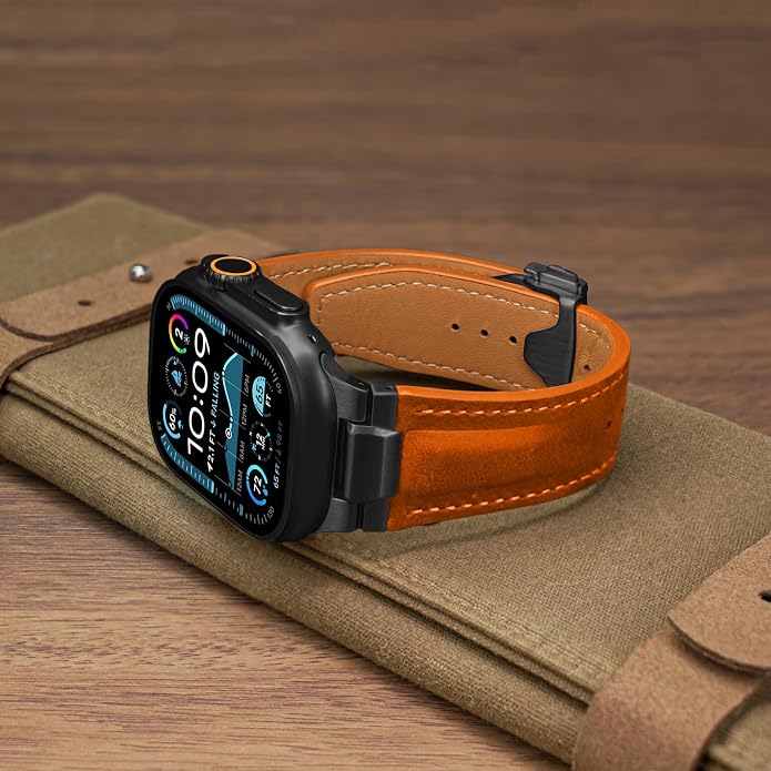 Vintage Genuine Leather Band for Apple Watch Ultra 49mm (2026 Upgrade), Rugged Replacement Strap Compatible with iWatch 46mm 45mm 44mm - for Men Women, Fit Ultra3/2/1, SE 3/2/1, Series11 10/9/8/7/6/5/4
