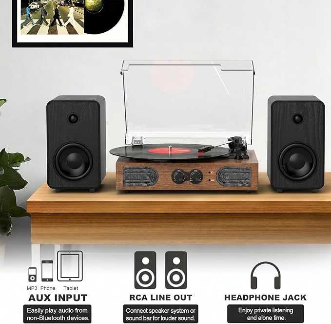 Vinyl Record Player with Built-in Stereo Speakers, 3-Speed Belt-Drive Turntable, Treble & Bass Control, RCA-Out/AUX-in, 3.5mm Headphone Jack—Vintage LP Player for Home & Gifts, Walnut