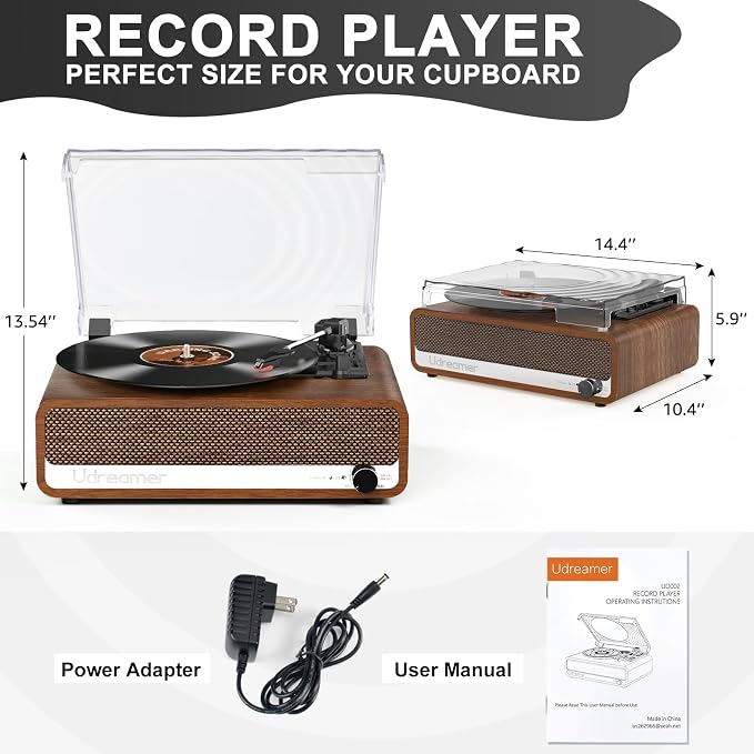 Vinyl Record Player with Speakers,3 Speed Turntable with Bluetooth, Aux, Headphone Jack, RCA Output and Auto Stop,Mirror Vintage Wooden Walnut