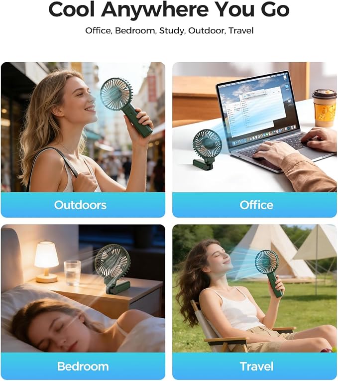 Funme Portable Handheld Fan, 5000 Battery with 20 Hour/4 Speeds/Easy Clean, Foldable Powerful Cooling Personal Desk Fan Exquisite for Desk/Travel/Office/Outdoor - Dark Green