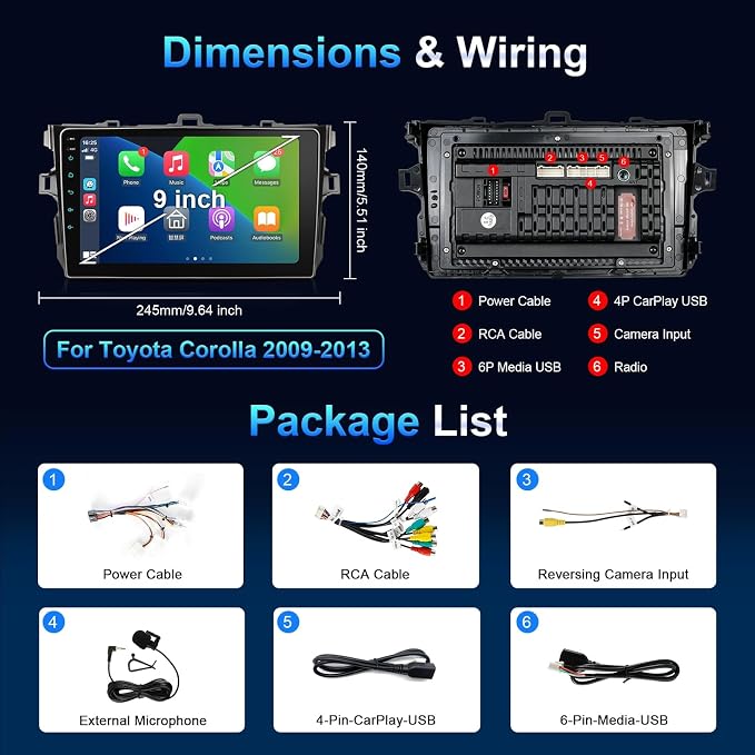Car Stereo Radio for Toyota Corolla 2009-2013, Wireless Carplay Andorid auto Mirror Link 9Inch Touchscreen GPS Bluetooth 5.0 FM/RDS EQ-32 SWC