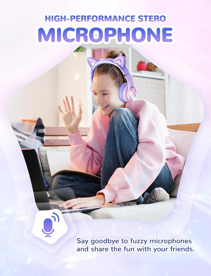 iClever Cat Ear Kids Bluetooth Headphones, LED Lights Up, 74/85dBA Volume Limited, 50H Playtime,Bluetooth 5.2, USB C, Kids Headphones Wireless for Travel iPad Tablet, Meow Macaron-Gradient Pink