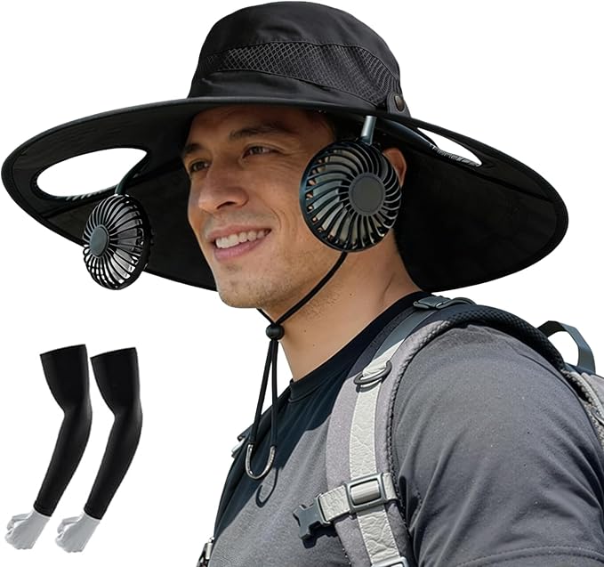 Sun Hat with Fan for Men & Women, Bucket Hat with Fan, UPF 50+ Cooling Hat with Sunblock Sleeves for Fishing,Hiking