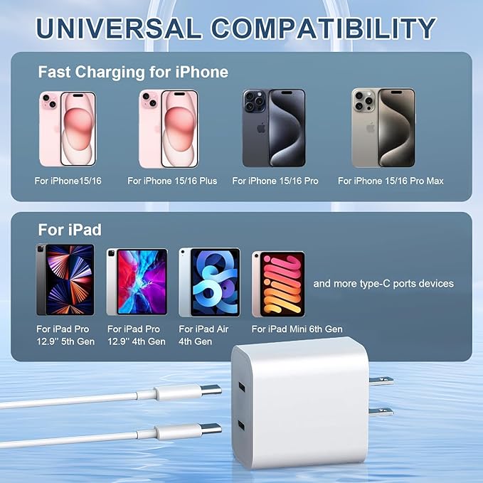 for iPhone 17 Charger Fast Charging, 40W Dual Port USB C Wall Charger Fast Charging Block with 6FT Long USB C to C Charging Cord Compatible with iPhone 16/15/15 Plus/15 Pro/15 Pro Max