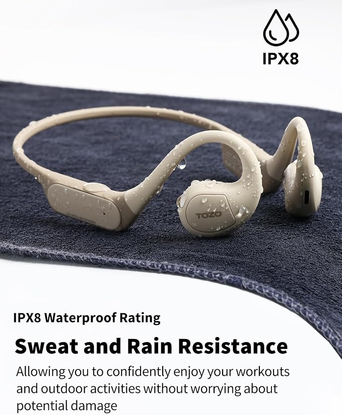 TOZO Upgraded Open Ear Headphones Bluetooth 5.3 Air Conduction Wireless Headphones Sport Earbuds with Premium Sound, 32 EQs via APP, Dual-Mic Call Noise Reduction Earphones with Hair Band for Cycling
