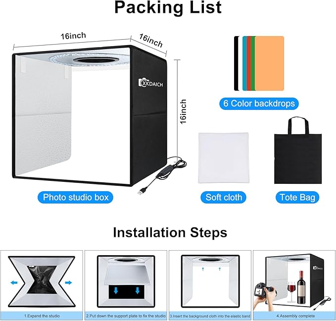 16x16 Inch Portable Folding Photo Studio Shooting Tent Box with Dimmable Ring Light USB, 3 Color Temperatures & 6 Colors PVC Backdrops for Product Photography, YouTube Videos, Smartphone