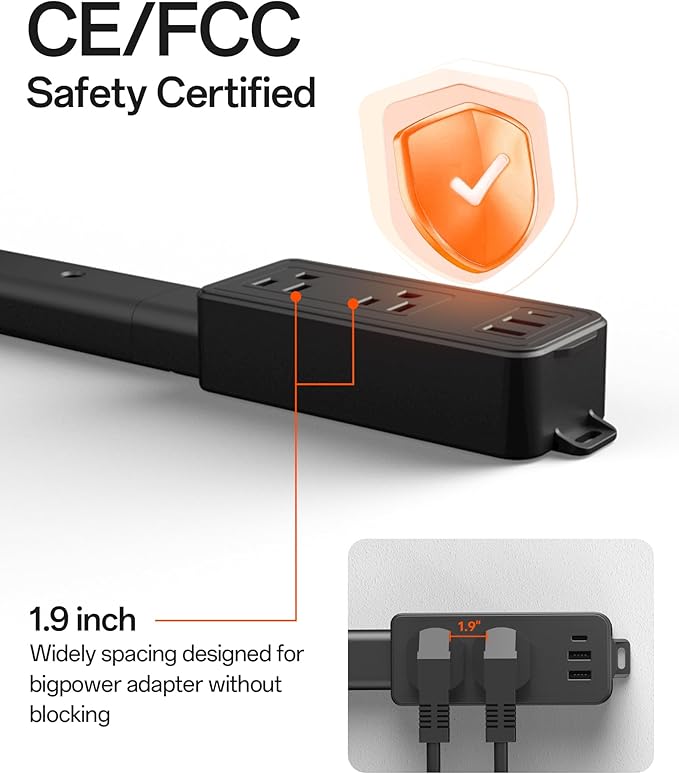 2 Pack Outlet Extender Stick Black with 4-Way Flat Plug | Extends 8"-36" | Outlet Extender with 2AC Outlets, 2USB-A & 1USB-C Ports | Socket Expander Access Hard-to-Reach Outlets Bed Sofa Behind