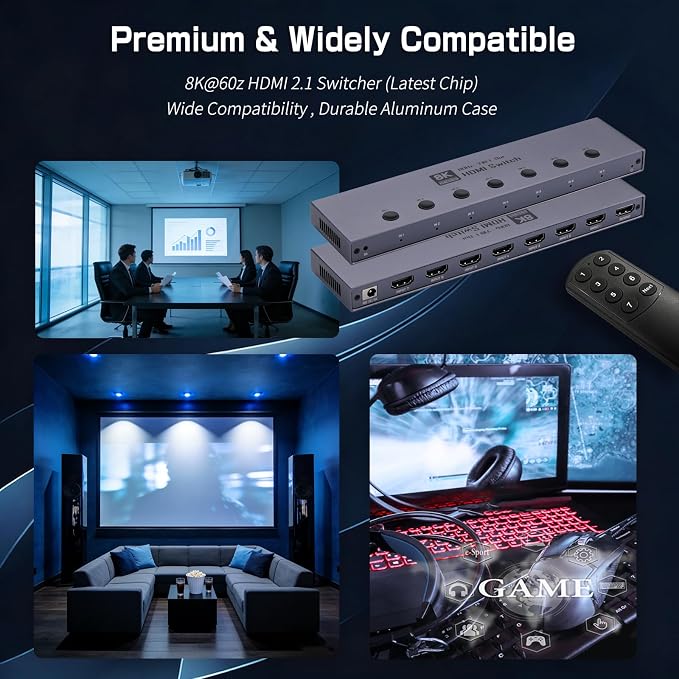 2026 Upgrade 8K HDMI 2.1 Switch, HDMI 2.1 Switcher 7 In 1 Out Supports CEC 8K@60Hz, 4K@240Hz, 1080P@480Hz HDCP 2.3 HDR Dolby Atmos VRR Compatible with PS5 Xbox Blu-Ray Player with IR remote controller