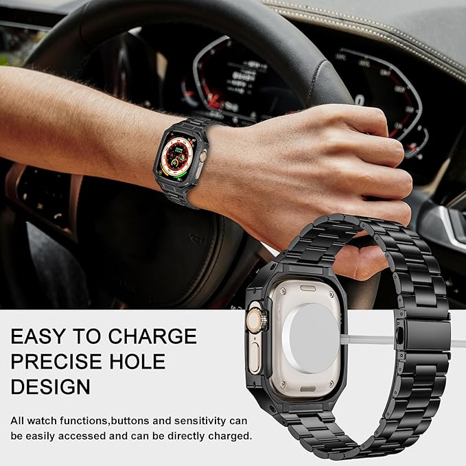 BAITEYOU Stainless Steel Watch Band with Case Compatible with Apple Watch band Ultra 3 2 1 49mm, Rugged Strap with Metal Protective Bumper Cover for iWatch Bands Men (Black)