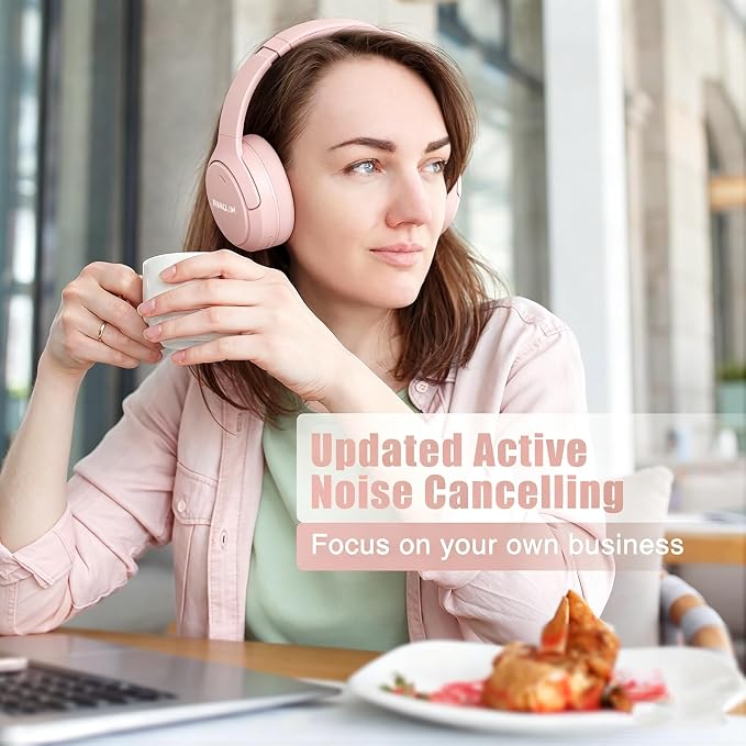 RUNOLIM Hybrid Active Noise Cancelling Headphones, Wireless Over Ear Bluetooth Headphones with Microphone, 100H Playtime, Foldable Headphone with HiFi Audio, Deep Bass for Home Travel Office(Pink)