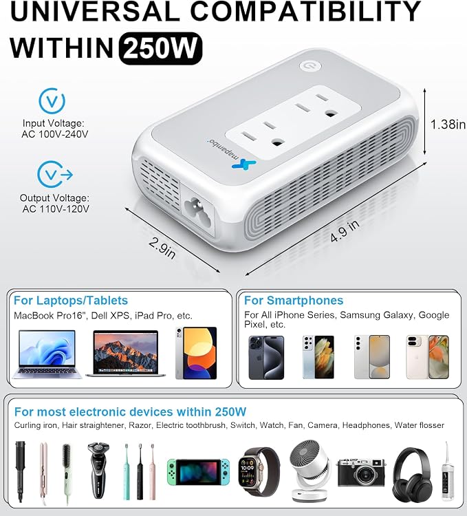 Voltage Converter US to Europe for Curling Iron and Hair Straighteners, 220V to 110V Converter for European Travel Plug Adapter with 2 USB A & 2 USB C Ports (Grey White-Global)