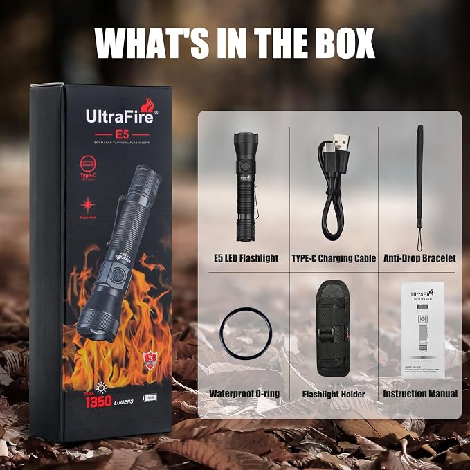 ULTRAFIRE Tactical Flashlight with Holster, 1350 High Lumens Law Enforcement & Police Flashlight, Rechargeable Bright Zoomable LED Flash Light with Duty Belt Holster E5