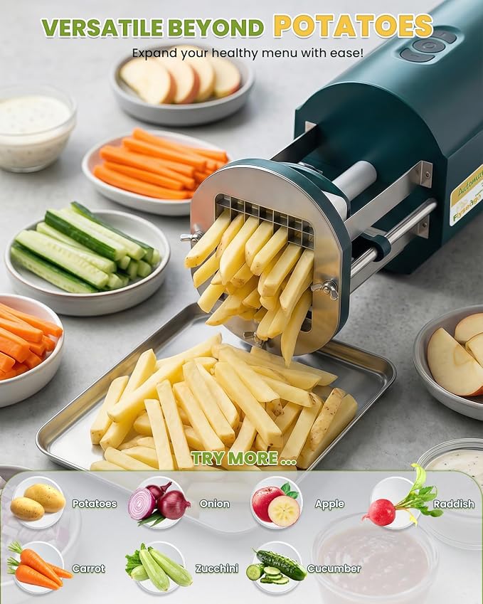 Electric French Fry Cutter with 1/2&3/8 Inch Stainless Steel Blades Professional Potato Cutter's Custom Tray, Automatic Efficient Vegetable Dicer for Carrots, Zucchini, Apples&Onions (Green)