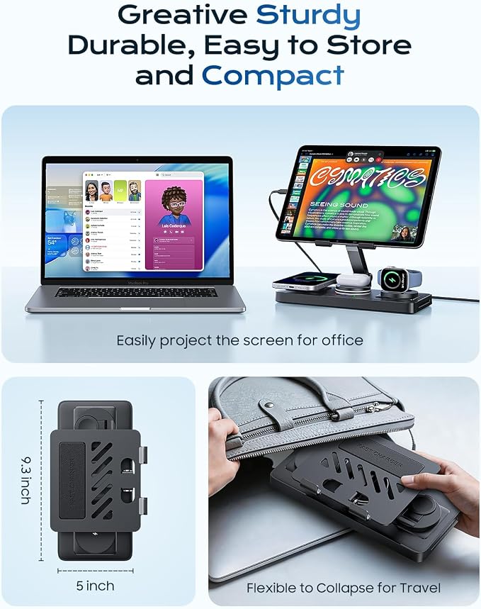 5 in 1 Charging Station for Apple Multiple Devices &65W Adapter, 30W Max Bulit-in Retractable Cable Fast Wired Charging Stand for iPad/Tab, Foldable Magnetic Wireless Charger for iPhone 17/iWatch/Buds