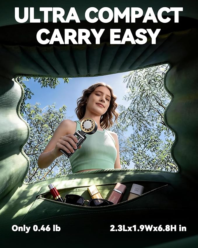Portable Handheld Fan with Ice Cooling, 7.5m/s High Speed Turbo Fan, 150° Foldable 4-in-1 Personal Neck Fan, 199 Speed Stepless Control, USB-C Rechargeable for Travel, Makeup, Hiking, Black Gold