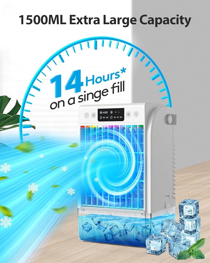 Portable Air Conditioners Fan,Evaporative Mini Room Air Conditioners,Portable AC Unit Air Cooler with 4 in 1 Humidifier Fan Conditioner with 1500ML,3 Speed AC Portable for Room Office Desk (White)