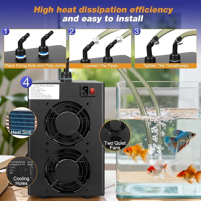 Aquarium Chiller 1/10 HP, 42GAL Fish Tank Water Chiller | Quiet Compressor Refrigeration, Titanium Evaporator, Precise Temp Control