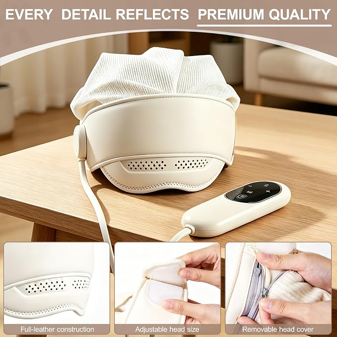 Electric Head Massager for Headaches,Electric Rechargeable Head and Eye Massage Tool with 3 Heat Levels,6-Zone Kneading Temple Massager, Migraine Relief Massager for Forehead,4 Massage Modes (White)