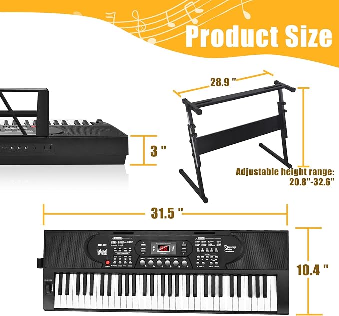 61 Key Portable Keyboard Piano with Stand, Electronic Keyboard Piano Kit, Microphone, Note Stickers, Music Rest, Digital Music Keyboard Built-In Speakers for Beginners
